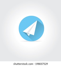 vector paper plane icon. origami paper airplane symbol with long shadow on stylish blue sky round background.