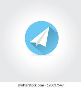 vector paper plane icon. origami paper airplane symbol with long shadow on stylish blue sky round background.