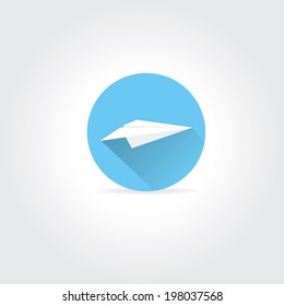 vector paper plane icon. origami paper airplane symbol with long shadow on stylish blue sky round background.