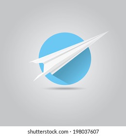 vector paper plane icon. origami paper airplane symbol with long shadow on stylish blue sky round background.