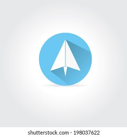 vector paper plane icon. origami paper airplane symbol with long shadow on stylish blue sky round background.