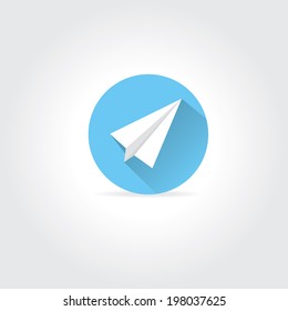 vector paper plane icon. origami paper airplane symbol with long shadow on stylish blue sky round background.