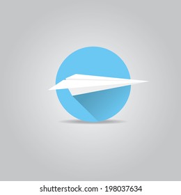 vector paper plane icon. origami paper airplane symbol with long shadow on stylish blue sky round background.