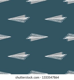 Vector paper plane icons in hatching style seamless pattern