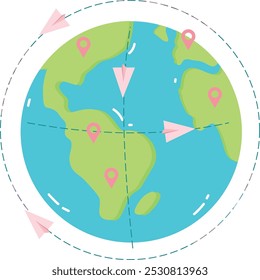 Vector paper plane moving around earth globe icon
