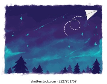 Vector - paper plane on night sky background, watercolor painting style.