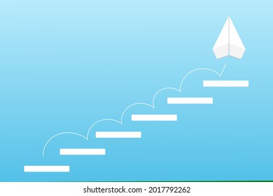 Vector paper plane on sky blue background with copy space. White block concept as step with white arrow up on stair ladder of success in business growth concept.