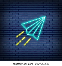 Plano de papel vectorial, señal de neón del avión origami.