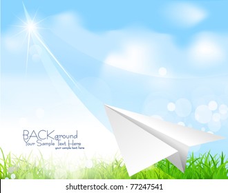 Vector paper plane soaring against the blue sky