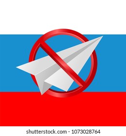 vector paper plane, telegram blocked symbol on russian flag background