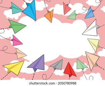 Vector paper planes frame. Cartoon style paper planes illustrations pointing to title, text template. Add your own title or text Cartoon style vector banner template. Flying Paper planes illustration 