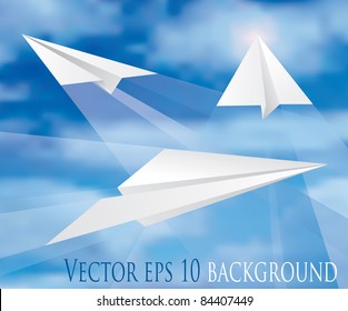vector paper planes on cloudy sky