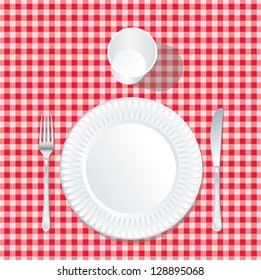 vector paper plate  with plastic glass on red tablecloth