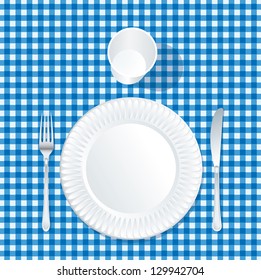 Vector Paper Plate With Plastic Glass On Blue Tablecloth