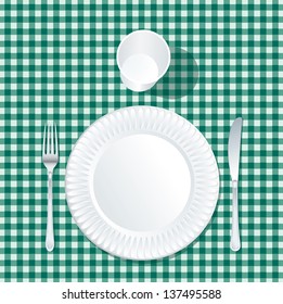 vector paper plate with plastic glass on green tablecloth