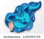 Vector paper portrait of young beautiful woman mermaid with long wavy hair. Paper underwater sea life with fishes, coral reef, seabed in algae, waves. Paper cut style vector. Deep blue marine life