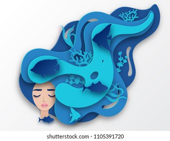 Vector paper portrait of young beautiful woman mermaid with long wavy hair. Paper underwater sea life with fishes, coral reef, seabed in algae, waves. Paper cut style vector. Deep blue marine life