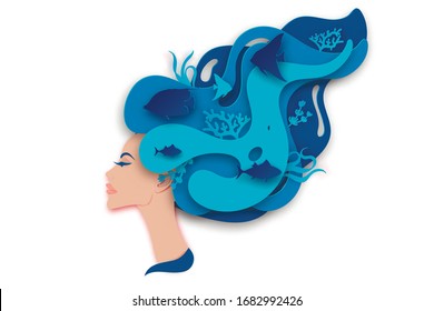 Vector paper portrait of young beautiful woman mermaid with long wavy hair. Paper underwater sea life with fishes, coral reef, seabed in algae, waves. Paper cut style vector. Deep blue marine life, di