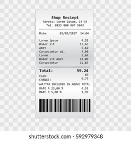 Vector paper print check, shop reciept or bill isolated on transparent background. Vector realistic atm check with tax / vat illustration