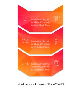 Vector paper progress steps for tutorial. 3 options infographic banner. Number banner template for diagram, presentation or chart. Business concept sequence banner. EPS10 vertical workflow layout.