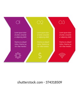 Vector paper progress steps for tutorial. 3 options infographic banner. Number banner template for diagram, presentation or chart. Business concept sequence banner. EPS10 horizontal workflow layout.