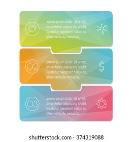 Vector paper progress steps for tutorial. 3 options infographic banner. Number banner template for diagram, presentation or chart. Business concept sequence banner. EPS10 vertical workflow layout.