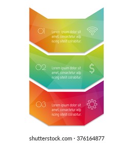 Vector paper progress steps for tutorial. 3 options infographic banner. Number banner template for diagram, presentation or chart. Business concept sequence banner. EPS10 vertical workflow layout.
