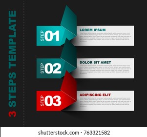 Vector Paper Progress template with three steps - teal and red dark version