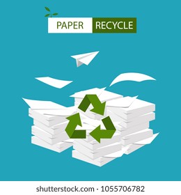 Vector. Paper recycling concept. Big stacks of papers with recycle sign. 