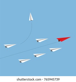 Vector paper red airplane as a leader among white airplane , leadership, teamwork concept.