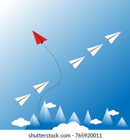 Vector of paper red airplane with white airplane, leadership, teamwork concept.