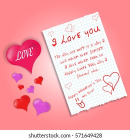 Vector paper with red pencil and valentines wish