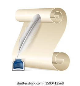 Vector paper scroll, feather pen and glass ink bottle illustration