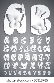 Vector Paper Sculpted Alphabets with Butterflies Cut-out Patterns