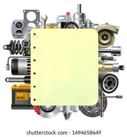 Vector Paper Sheet with Car Parts isolated on white background