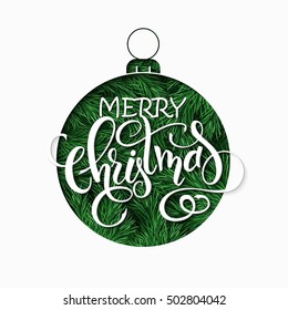 vector paper sheet with clipped christmas ornament silhouette above fir-tree branches and hand lettering christmas greetings quote.