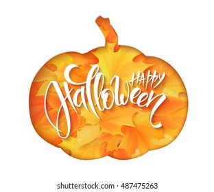 vector paper sheet with clipped pumpkin silhouette above yellow autumn maple leaves and hand lettering halloween greetings quote - happy halloween