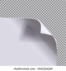 Vector paper sheet with a curled corner isolated on transporent background, blank page, vector illustration.