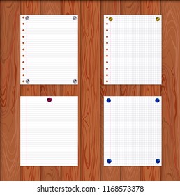Vector Paper Sheets Attached by Pin Buttons to the Wooden Wall, Realistic Illustration, Frames Set.