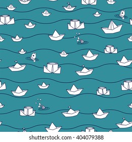 Vector paper ship  and fish baby style  line seamless pattern. 