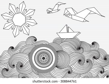 Vector Paper ship and sun with doodle sea waves and seagulls