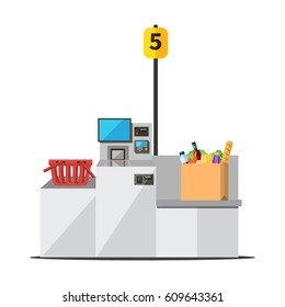 Vector paper shopping bag full of grocery standing on grey metal self checkout machine with cash and card payment, and bagging area. Empty red shopping bag is placed on the other side of the register.