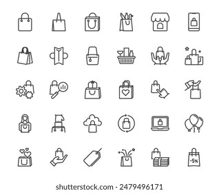 Vector paper shopping bag outline icon set with related thing, market grocery carry bag buy and sale concept, editable stroke 48x48 pixel perfect icon, on transparent background