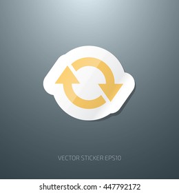 Vector paper sticker icon. Two arrows in a circle. Refresh, recycle, reset, renew button.