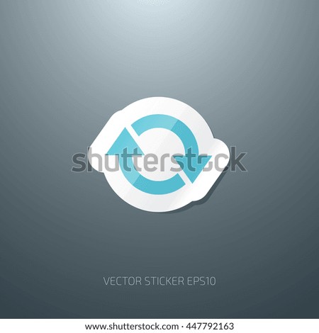 Vector paper sticker icon. Two arrows in a circle. Refresh, recycle, reset, renew button.