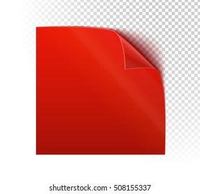 Vector paper sticker with transparent background. Isolated sticker. Red sticker with shadow and curved corner. EPS 10.