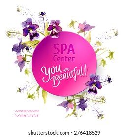 Vector paper sticker with water color flowers. Spa.