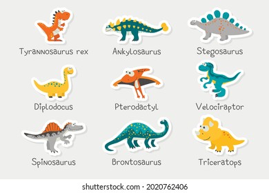 Vector Paper Stickers. Cute Funny Dinosaurs and Titles - T-rex, Stegosaurus, Velociraptor, Pterodactyl, Brachiosaurus, Ankylosaurus, Diplodocus, Spinosaurus, Brontosaurus, Triceratops. Dinosaur Set