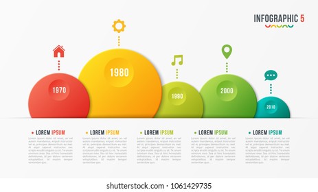 Vector paper style bubble shaped timeline chart with 5 steps, infographic design, presentation template. Global swatches.