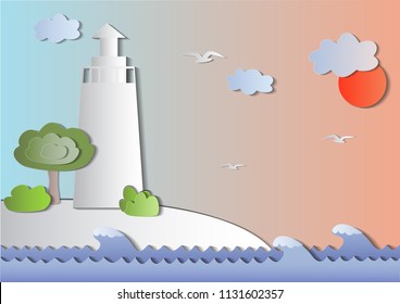 vector paper style, vector illustration of sunset, marine theme